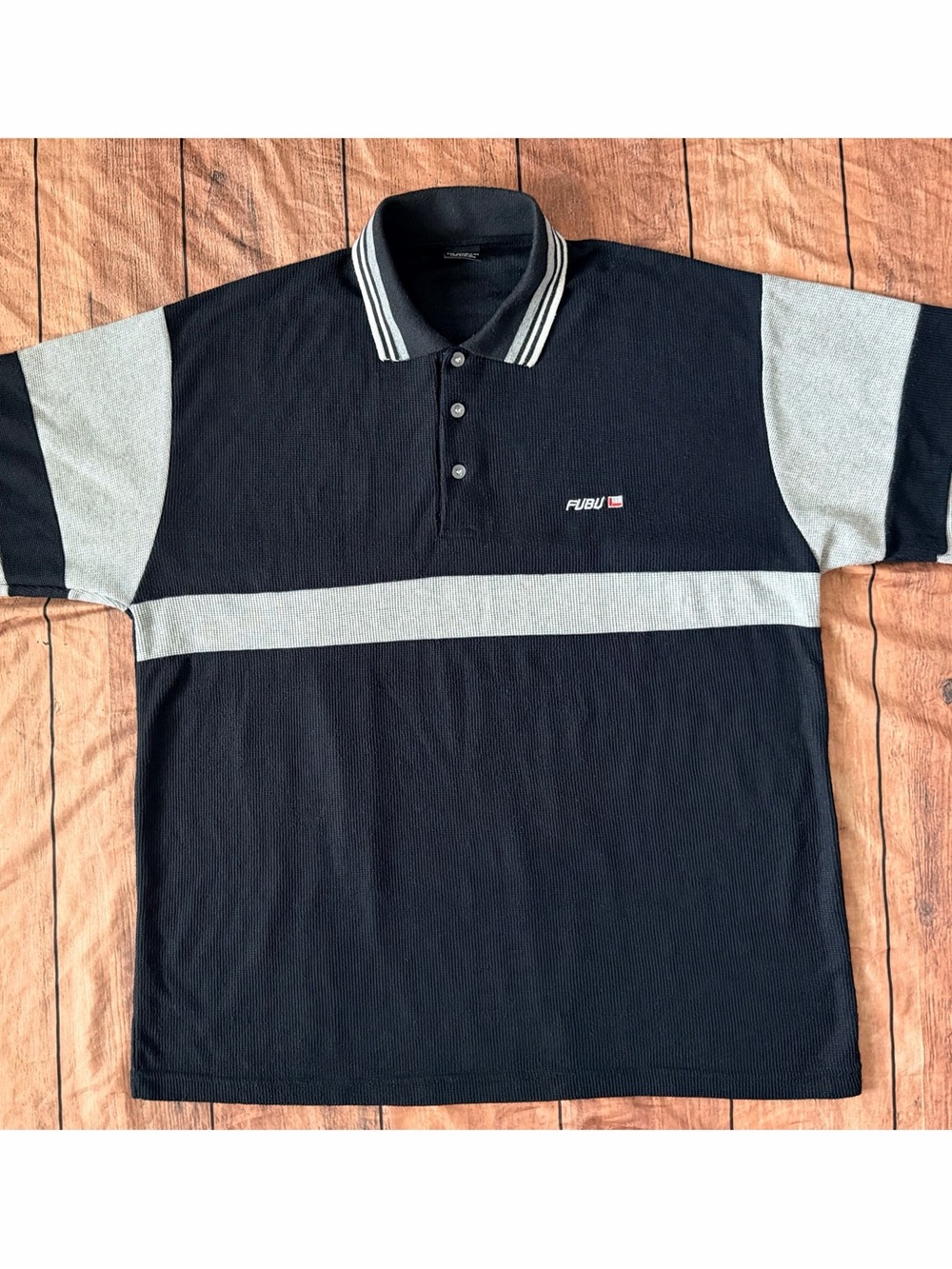 Size L: Men’s Y2K Vintage FUBU The Collection Black Gray Polo Logo Shirt